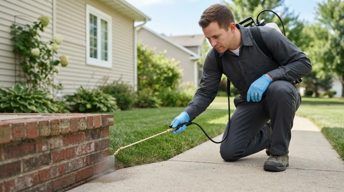 Pest control technician treating a home near Troy, KS